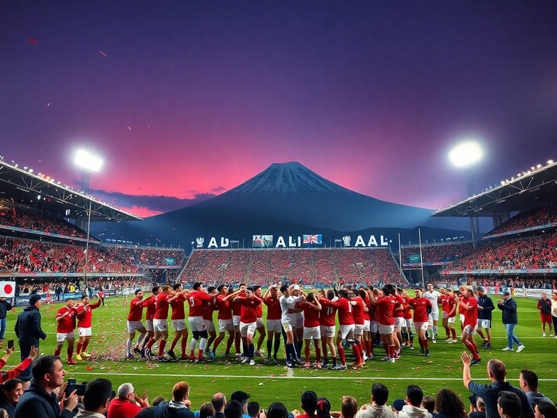 A dynamic action shot of the Japan national football team in blue jerseys celebrating a goal during a World Cup match. The st