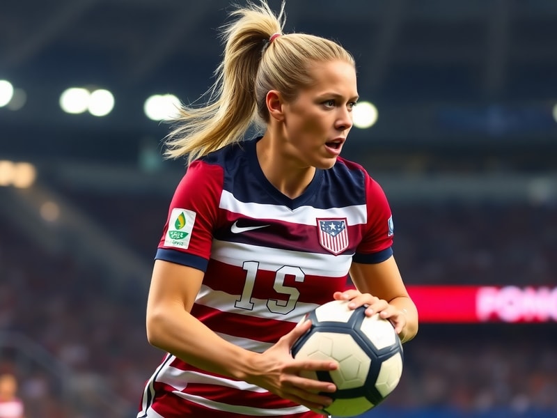 A dynamic action shot of Alex Morgan in a USWNT jersey, mid-dribble on a soccer field with a stadium crowd blurred in the bac