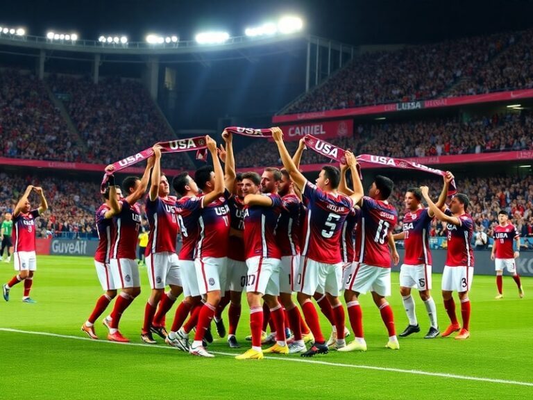 A dynamic action shot of the USMNT celebrating a goal in a World Cup qualifier, with the American flag in the background and