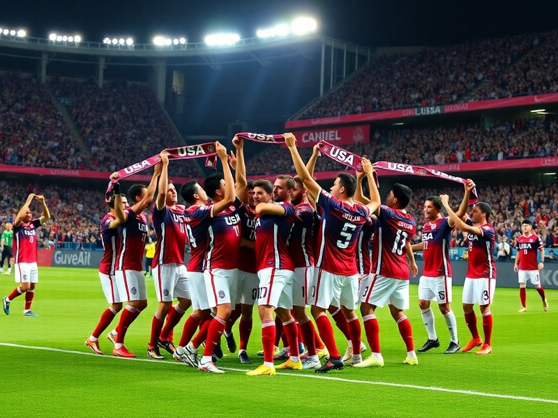 A dynamic action shot of the USMNT celebrating a goal in a World Cup qualifier, with the American flag in the background and