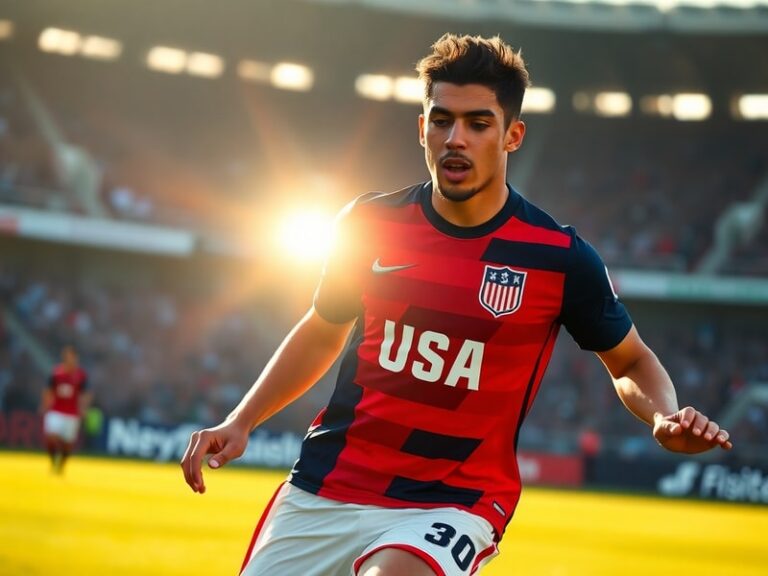 A dynamic action shot of Giovanni Reyna in a Manchester City kit, mid-dribble with a focused expression, set against a blurre