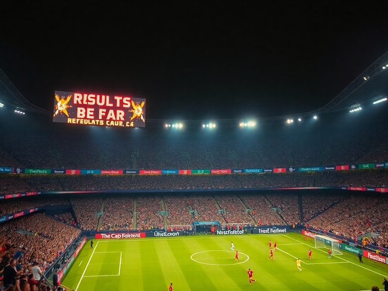 A vibrant stadium filled with cheering fans, displaying flags of Morocco, France, Argentina, and the Netherlands. The field i
