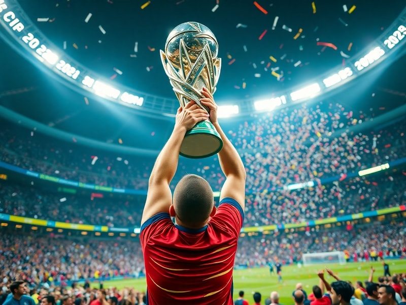 A vibrant stadium filled with fans from diverse nations, wearing team colors, under a dynamic sky with the World Cup 2026 log