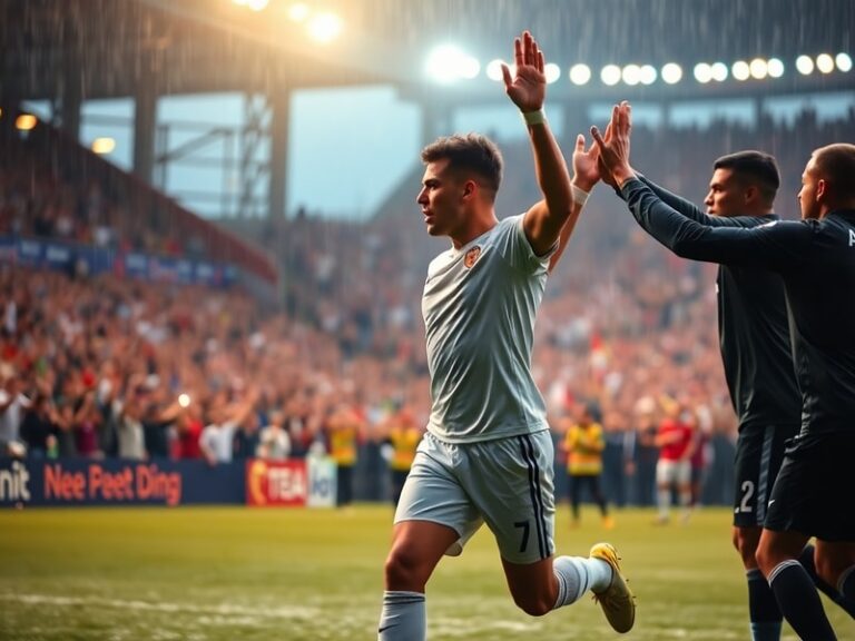A packed football stadium with players celebrating a goal, dynamic action captured in golden-hour lighting, conveying excitem