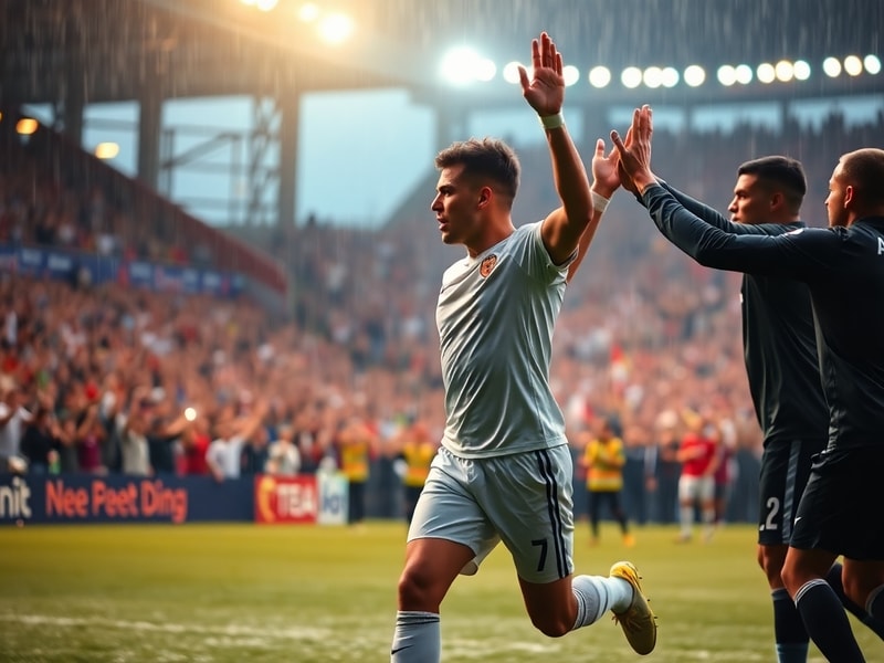 A packed football stadium with players celebrating a goal, dynamic action captured in golden-hour lighting, conveying excitem