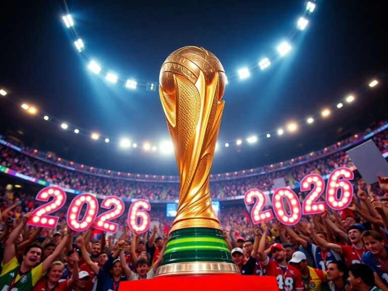 A vibrant stadium filled with jubilant fans, confetti raining down, and the World Cup trophy gleaming under bright lights, sy