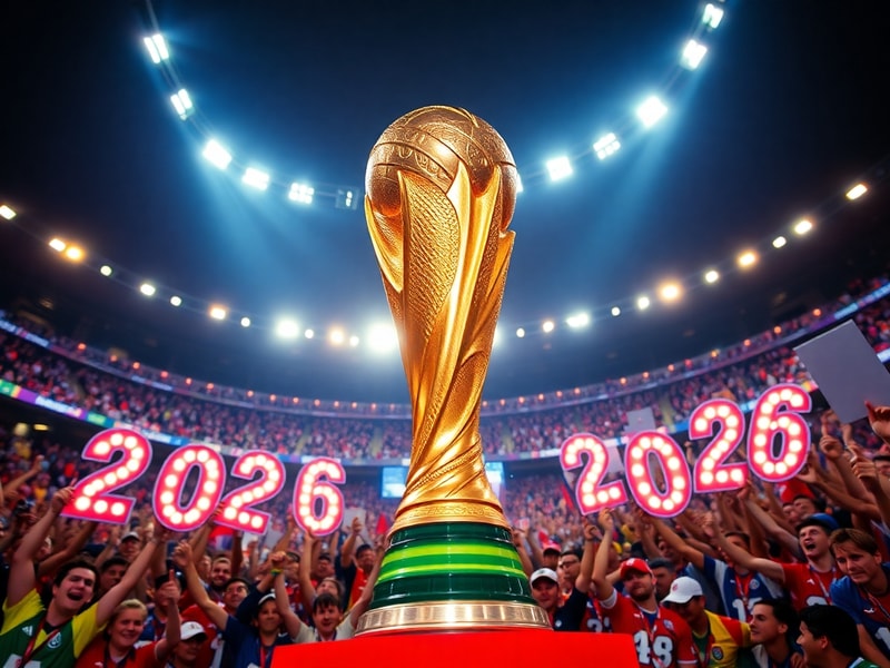 A vibrant stadium filled with jubilant fans, confetti raining down, and the World Cup trophy gleaming under bright lights, sy