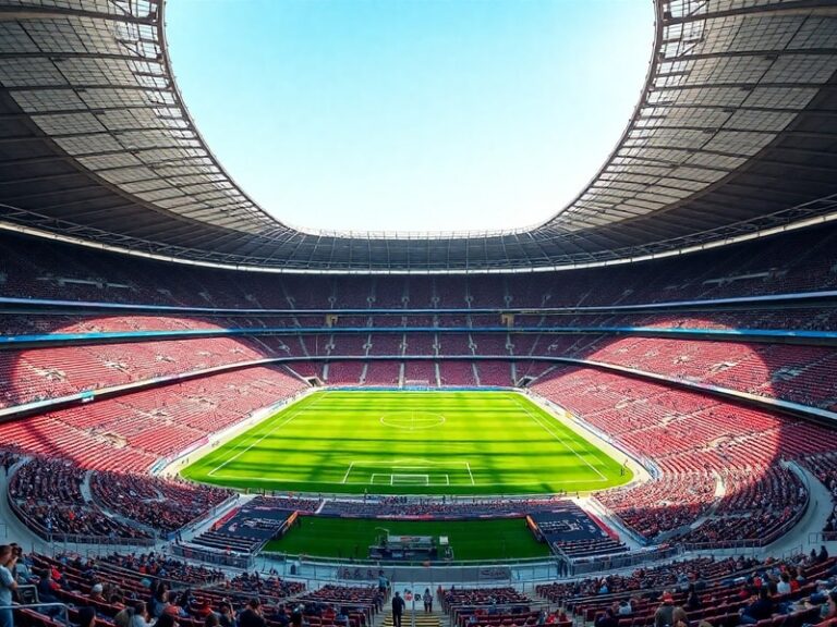 Aerial view of a nearly empty FIFA World Cup stadium during a match, showing scattered spectators in a vast seating area with