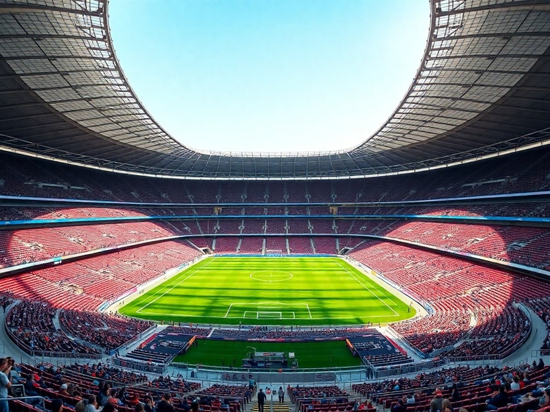 Aerial view of a nearly empty FIFA World Cup stadium during a match, showing scattered spectators in a vast seating area with