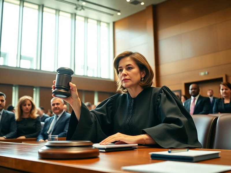 A courtroom sketch-style illustration showing Judge Angel Kelley presiding over a symbolic case involving a park setting, wit