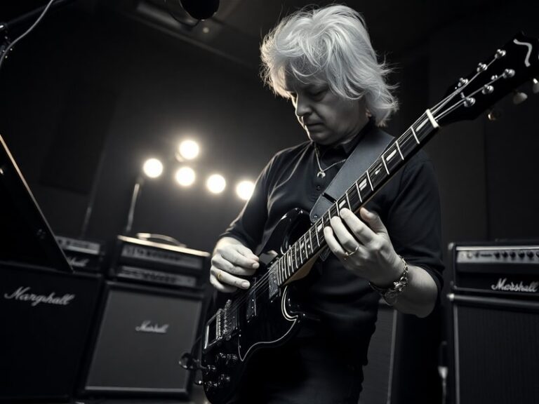 A moody black-and-white portrait of Tony Iommi playing his signature Gibson SG guitar on a dimly lit stage, with a dark, smok