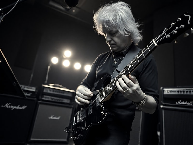 A moody black-and-white portrait of Tony Iommi playing his signature Gibson SG guitar on a dimly lit stage, with a dark, smok