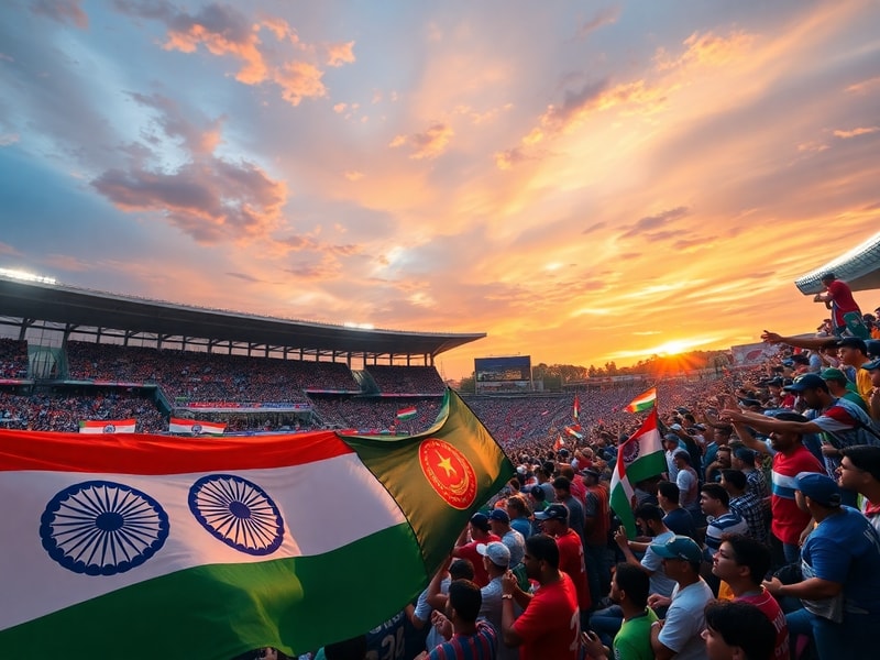 A vibrant cricket stadium with the Indian and Afghan flags displayed prominently. Players from both teams are seen in action,
