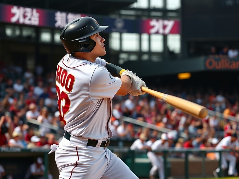 A dynamic action shot of Jung Hoo Lee in a San Francisco Giants uniform, mid-swing at Oracle Park. The image captures his foc