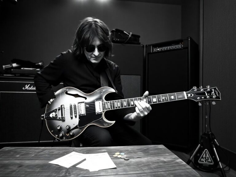 A moody, close-up portrait of Tony Iommi playing his signature black Les Paul guitar on a dimly lit stage, with smoke and sta