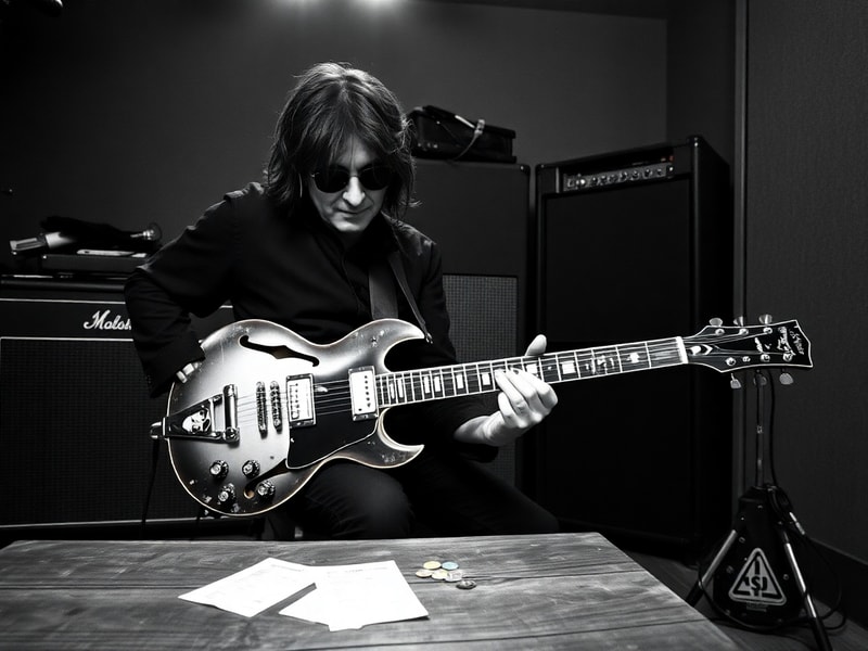 A moody, close-up portrait of Tony Iommi playing his signature black Les Paul guitar on a dimly lit stage, with smoke and sta