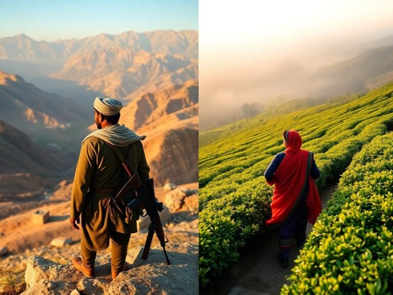 Split-image composition: Left side shows a bustling Indian street with vibrant colors, diverse people, and modern infrastruct