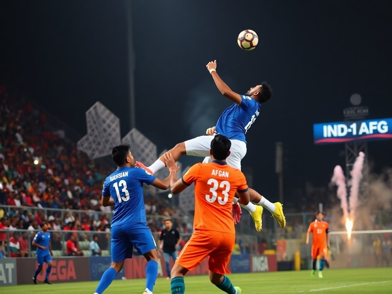 A dramatic cricket match between Afghanistan and India, with Rashid Khan celebrating a wicket while Indian batsman Ravindra J