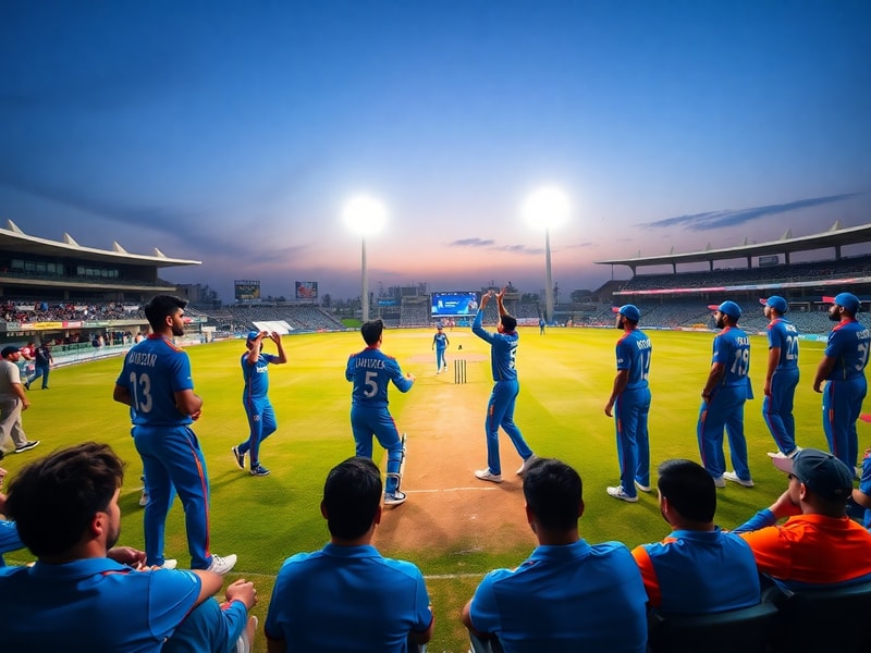 A vibrant cricket stadium during a day-night ODI between Afghanistan and India. Players from both teams are in action, with A