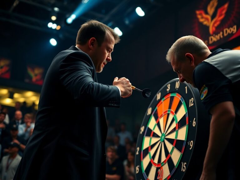 A dynamic shot of the Darts World Cup arena, featuring players in national team jerseys competing on stage, with a bright scr