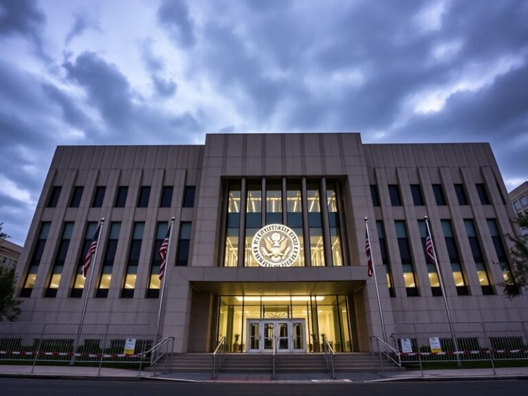 A modern government building with solar panels and wind turbines in the background, symbolizing the DOE’s role in energy inno