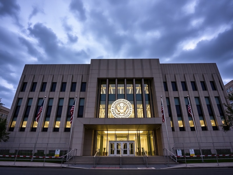 A modern government building with solar panels and wind turbines in the background, symbolizing the DOE’s role in energy inno