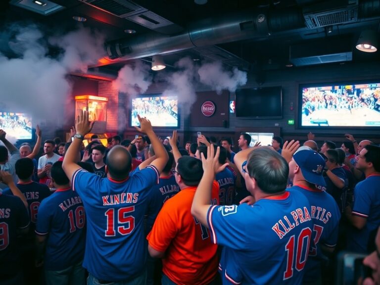 A packed Madison Square Garden with Knicks fans in orange and blue, cheering during a tense playoff game. The court is visibl