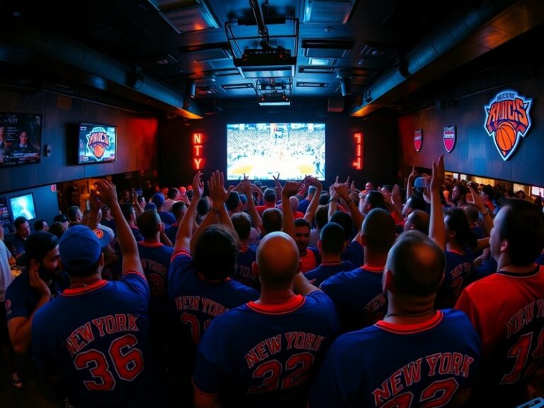 A vibrant scene of a Knicks watch party in a local bar, featuring fans in blue and orange jerseys, big screens displaying the