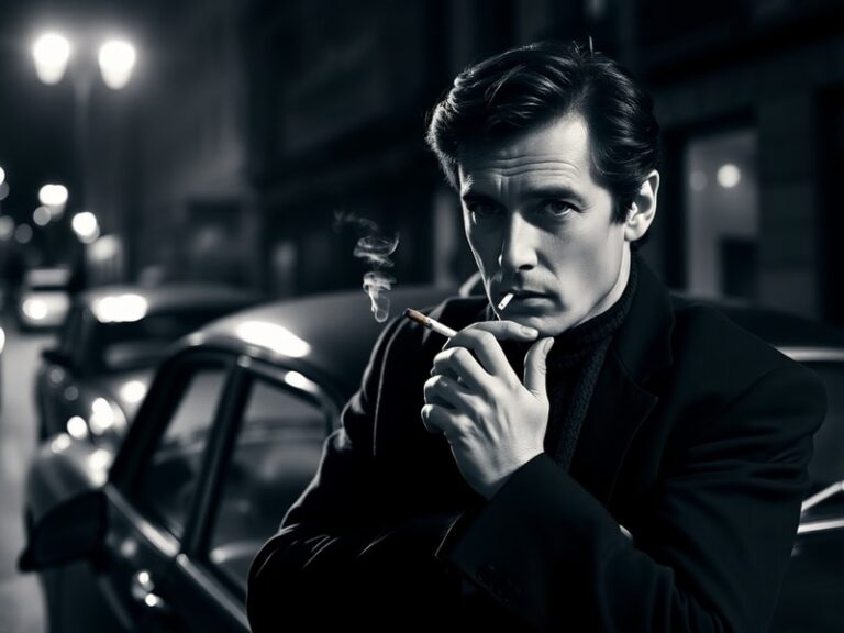 A black-and-white portrait of Alain Delon in his prime, wearing a tailored suit and exuding effortless cool, with a cigarette