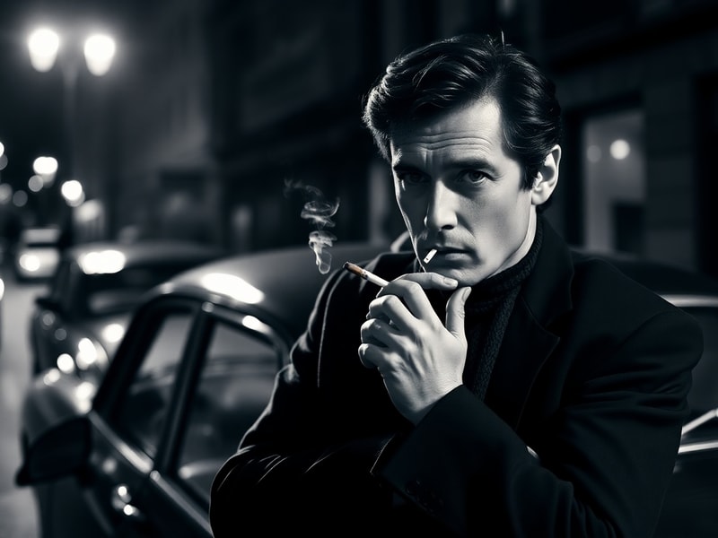A black-and-white portrait of Alain Delon in his prime, wearing a tailored suit and exuding effortless cool, with a cigarette