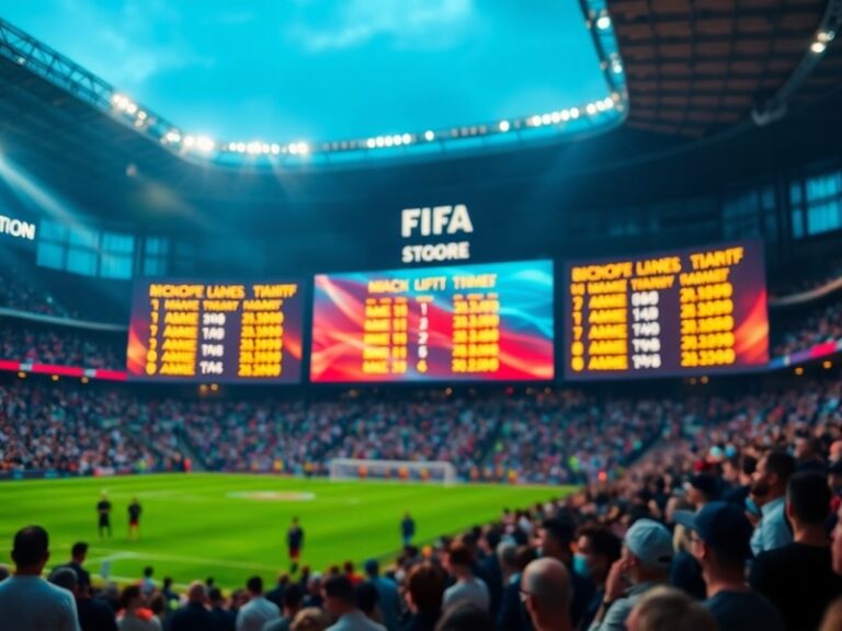 A vibrant stadium filled with fans wearing national team colors, displaying a large scoreboard showing today's FIFA matches i