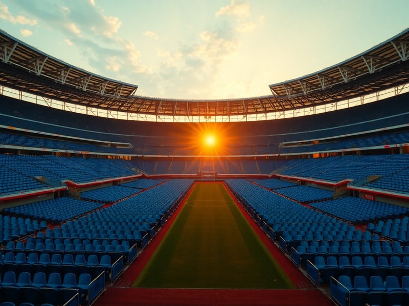 A wide-angle shot of a nearly empty FIFA World Cup stadium during a match, with a few scattered fans in the stands and a vibr