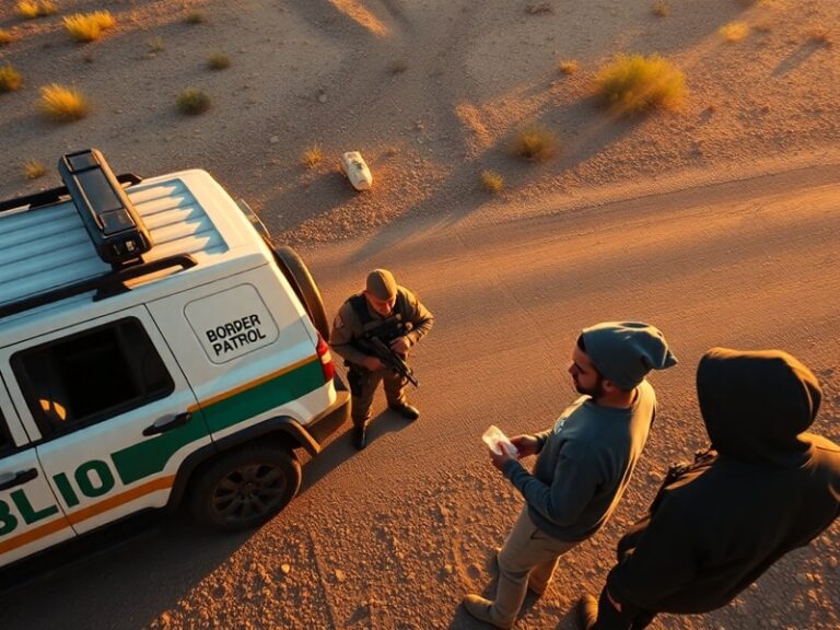 A wide shot of the Nogales border crossing at dusk, with CBP vehicles and agents visible, capturing the tension between secur