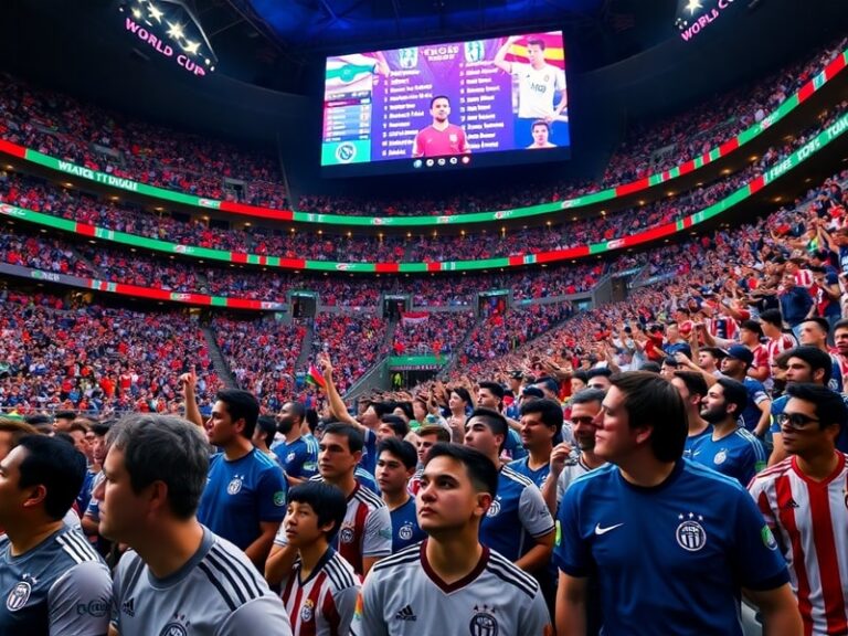 A vibrant stadium filled with fans in team colors, players on the pitch during a World Cup match, under floodlights with a dr