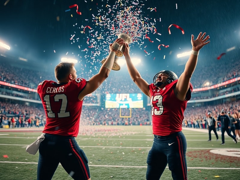 A high-energy action shot from the UFL Championship 2024 at Caesars Superdome: players in motion during the game, fans in the