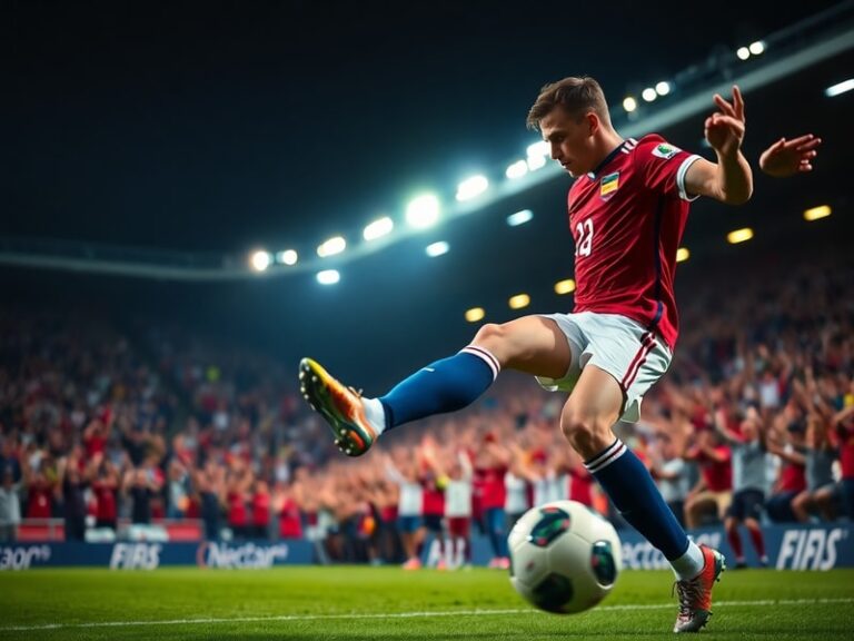 A vibrant stadium packed with fans from diverse nations, wearing their team colors, cheering during a World Cup qualifier mat