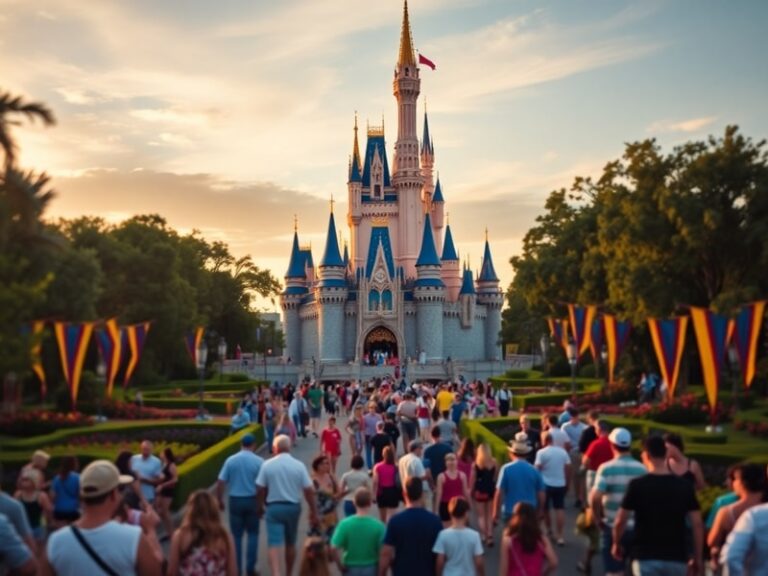 A vibrant aerial view of Magic Kingdom at dusk, showing Cinderella Castle illuminated with fireworks overhead, surrounded by