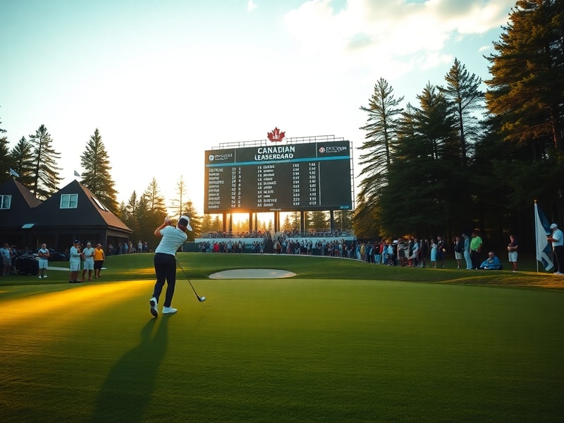 A panoramic view of Oakdale Golf & Country Club during the RBC Canadian Open, showcasing lush fairways, spectators, and a lea