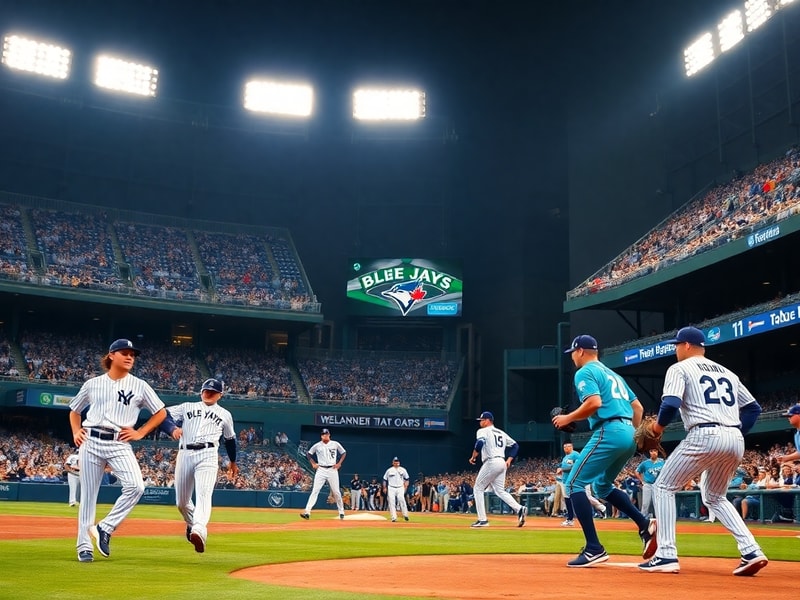 A split-screen image showing the Yankees' Aaron Judge swinging at a pitch and the Blue Jays' Vladimir Guerrero Jr. mid-swing