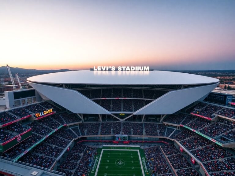 Aerial view of Levi's Stadium during a sunny afternoon, showcasing its translucent roof, solar panels, and surrounding Silico