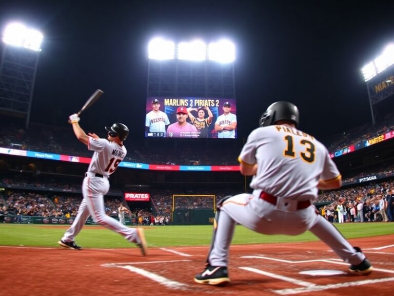 A mid-game action shot at a packed stadium, showing a Marlins pitcher in mid-windup with a Pirates batter at the plate, catch