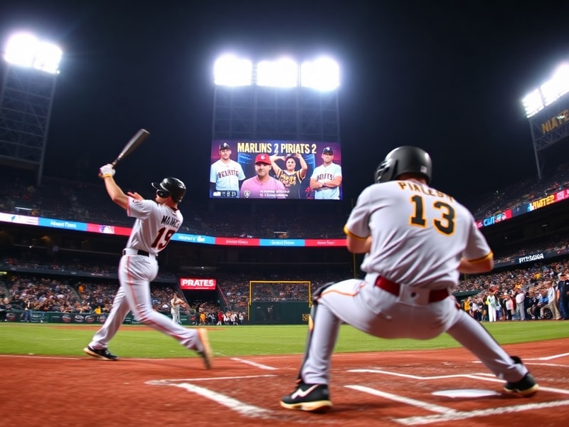 A mid-game action shot at a packed stadium, showing a Marlins pitcher in mid-windup with a Pirates batter at the plate, catch