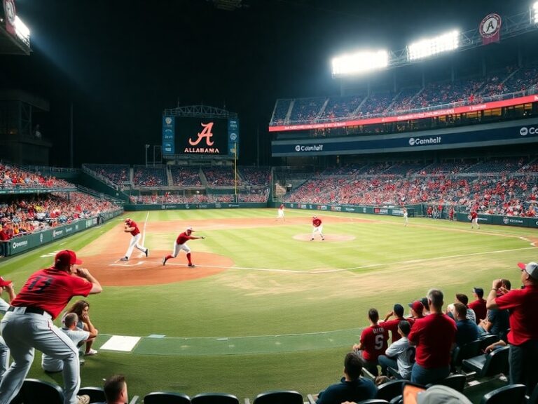 A vibrant scene at Sewell-Thomas Stadium during a night game, featuring the Alabama Crimson Tide in white and crimson uniform