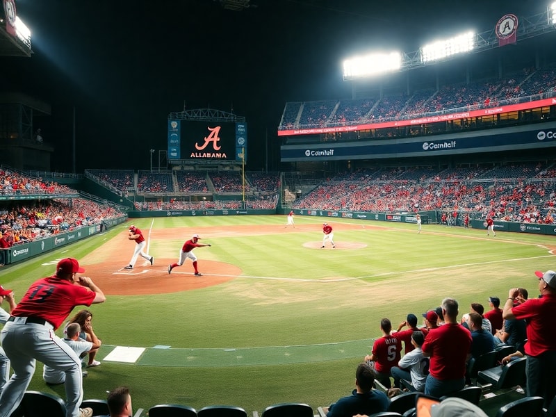 A vibrant scene at Sewell-Thomas Stadium during a night game, featuring the Alabama Crimson Tide in white and crimson uniform
