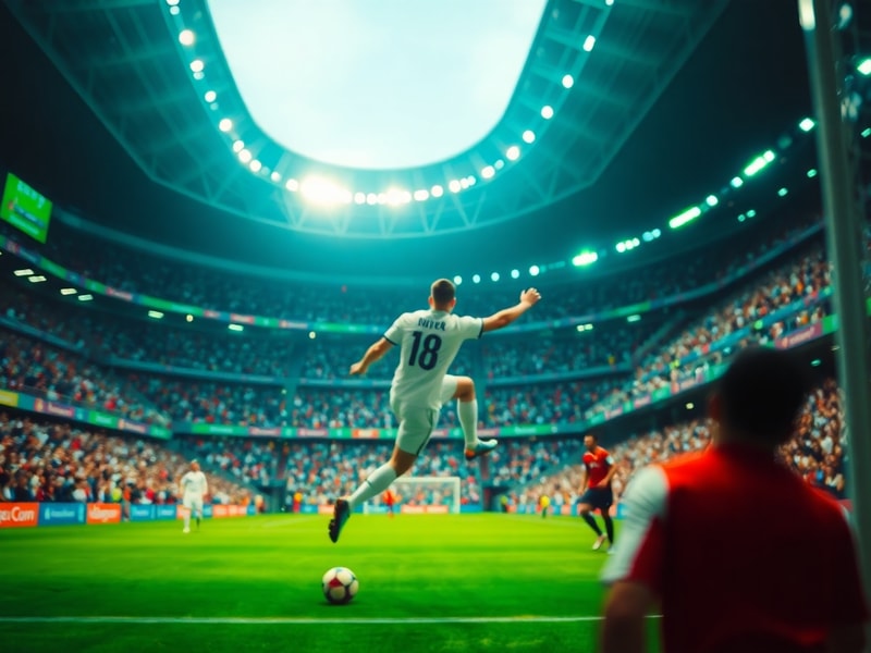 A vibrant stadium filled with fans in national colors, players celebrating a goal, and a scoreboard displaying a legendary Wo