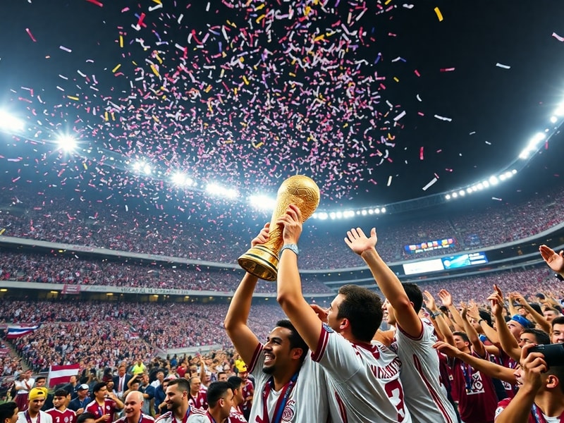 A wide-angle shot of Lusail Stadium during the 2022 World Cup final, with fireworks exploding over the packed stands. The sta