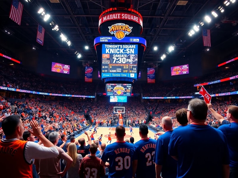 A vibrant shot of Madison Square Garden during a Knicks game at night, with bright lights illuminating the court, fans in blu