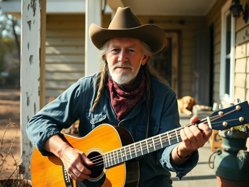 A candid portrait of Willie Nelson performing on stage, wearing his signature bandana and sunglasses, with a guitar in hand.