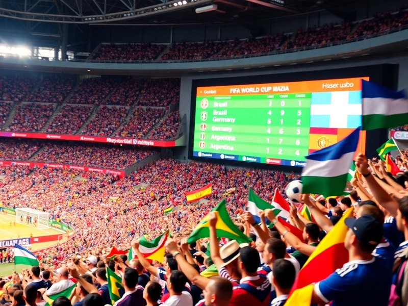 A dynamic collage of World Cup moments: Morocco players celebrating a goal, Italy’s Azzurri in a huddle, and a ranking table