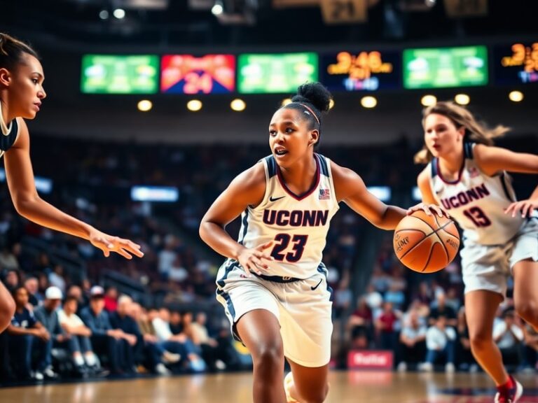 Olivia Nelson-Ododa in mid-action, wearing a UConn Huskies uniform, leaping for a rebound with determination and focus, surro